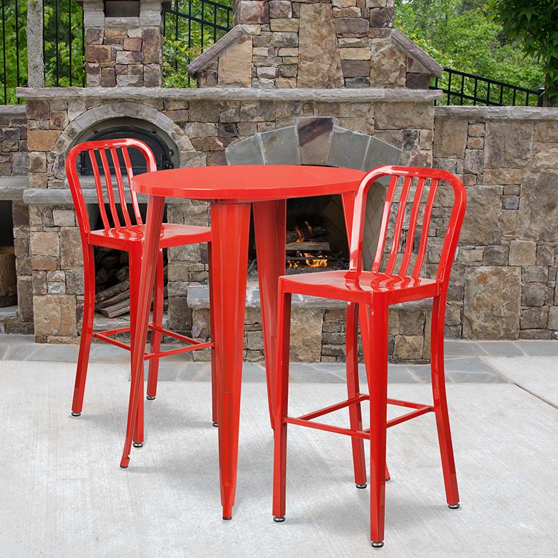 Flash Furniture 30” Round Red Metal Indoor-Outdoor Bar Table Set with 2 Vertical Slat Back Stools – CH-51090BH-2-30VRT-RED-GG Online