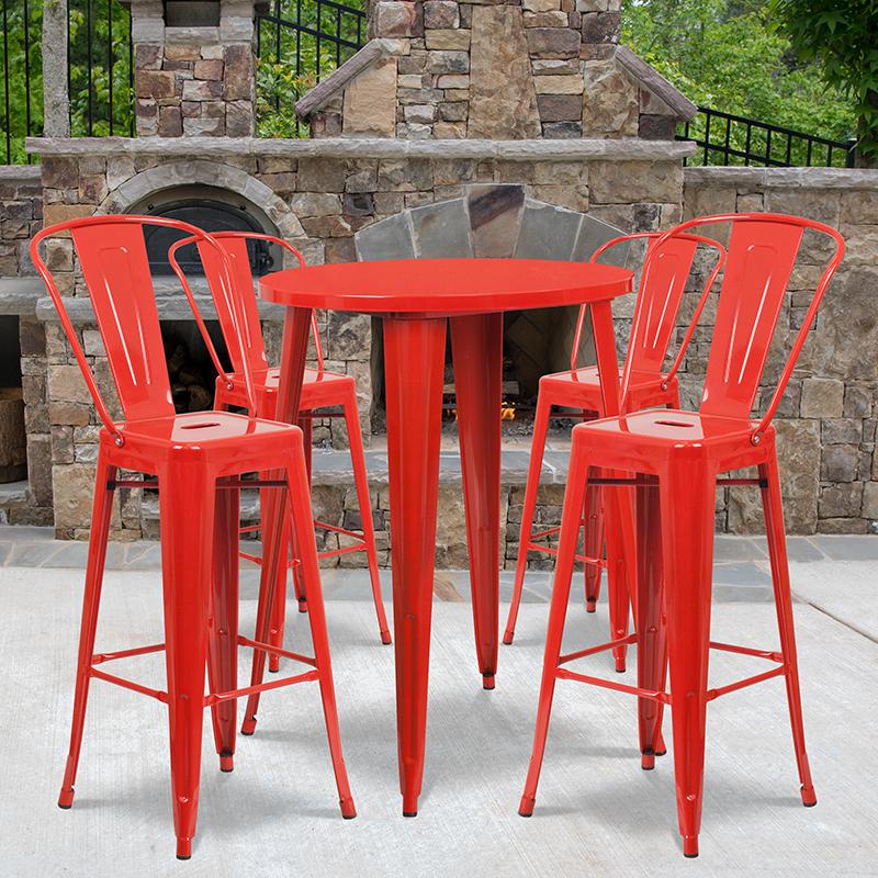 Flash Furniture 30” Round Red Metal Indoor-Outdoor Bar Table Set with 4 Cafe Stools – CH-51090BH-4-30CAFE-RED-GG Fashion