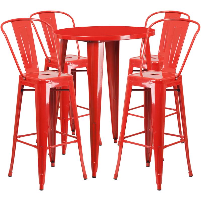 Flash Furniture 30” Round Red Metal Indoor-Outdoor Bar Table Set with 4 Cafe Stools – CH-51090BH-4-30CAFE-RED-GG Fashion