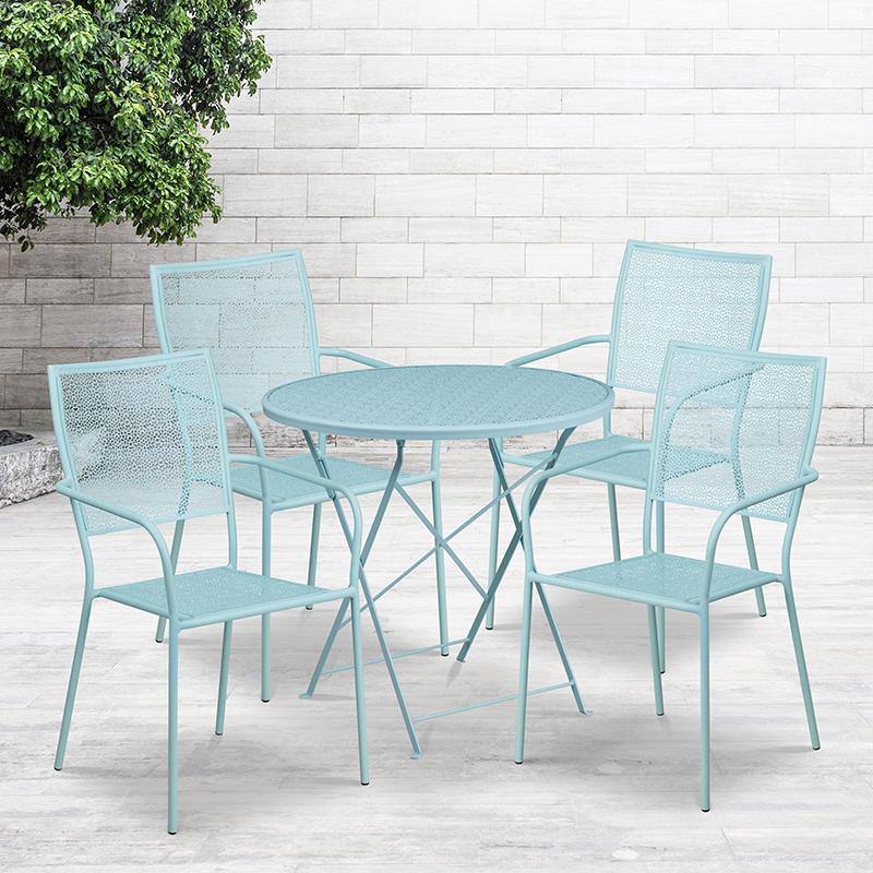 Flash Furniture 30” Round Sky Blue Indoor-Outdoor Steel Folding Patio Table Set with 4 Square Back Chairs – CO-30RDF-02CHR4-SKY-GG Online Hot Sale