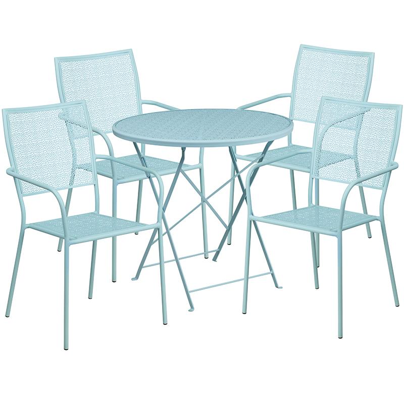Flash Furniture 30” Round Sky Blue Indoor-Outdoor Steel Folding Patio Table Set with 4 Square Back Chairs – CO-30RDF-02CHR4-SKY-GG Online Hot Sale