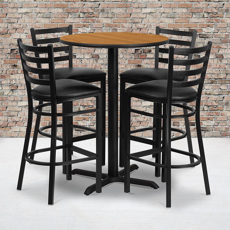 Flash Furniture 30” Round Natural Laminate Table Set with X-Base and 4 Ladder Back Metal Barstools – Black Vinyl Seat – HDBF1023-GG Online now