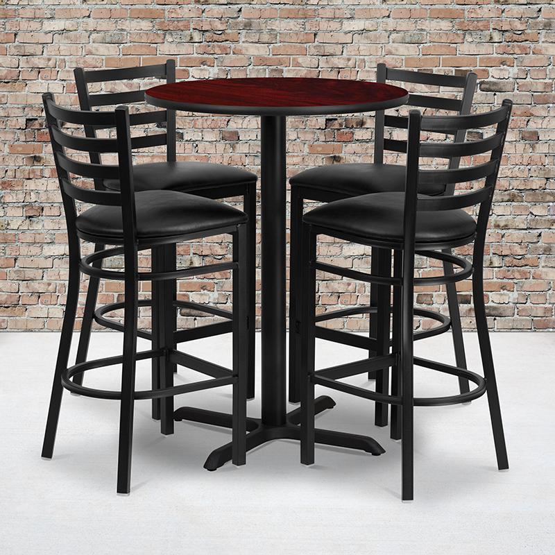 Flash Furniture 30” Round Mahogany Laminate Table Set with X-Base and 4 Ladder Back Metal Barstools – Black Vinyl Seat – HDBF1022-GG Online