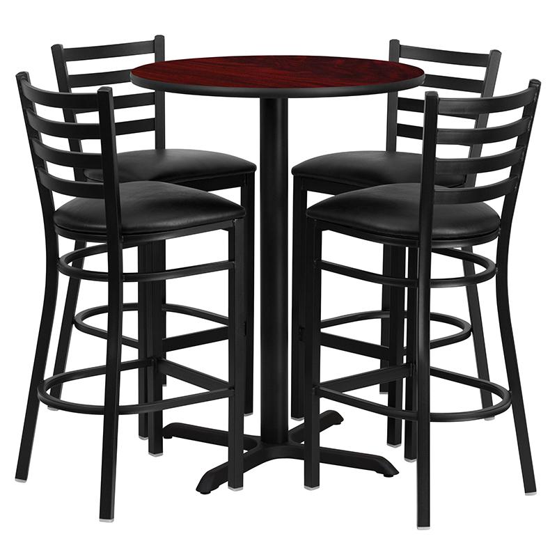 Flash Furniture 30” Round Mahogany Laminate Table Set with X-Base and 4 Ladder Back Metal Barstools – Black Vinyl Seat – HDBF1022-GG Online