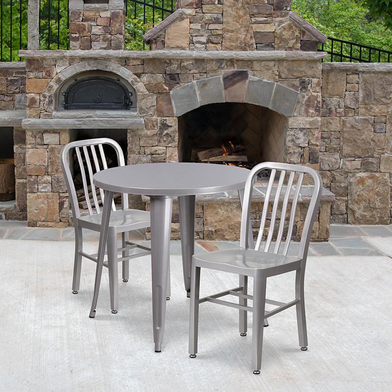 Flash Furniture 30” Round Silver Metal Indoor-Outdoor Table Set with 2 Vertical Slat Back Chairs – CH-51090TH-2-18VRT-SIL-GG Supply