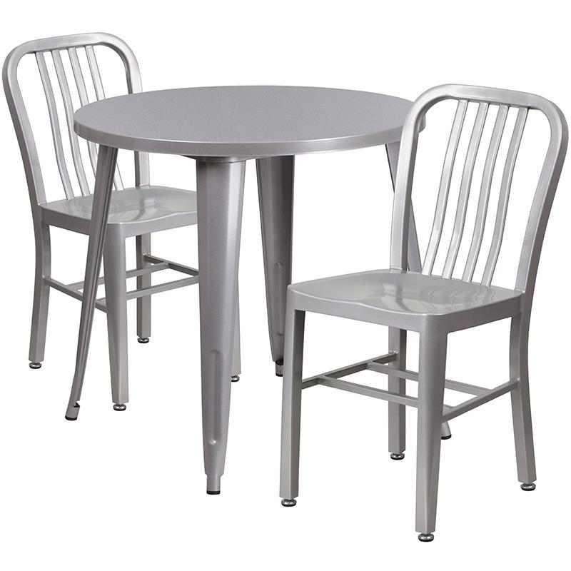Flash Furniture 30” Round Silver Metal Indoor-Outdoor Table Set with 2 Vertical Slat Back Chairs – CH-51090TH-2-18VRT-SIL-GG Supply