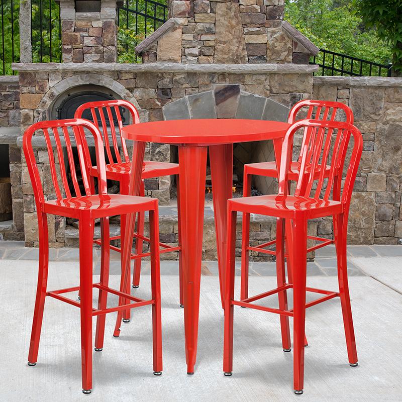 Flash Furniture 30” Round Red Metal Indoor-Outdoor Bar Table Set with 4 Vertical Slat Back Stools – CH-51090BH-4-30VRT-RED-GG Hot on Sale