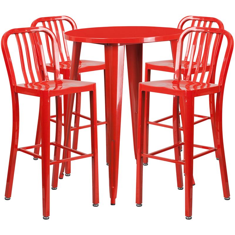 Flash Furniture 30” Round Red Metal Indoor-Outdoor Bar Table Set with 4 Vertical Slat Back Stools – CH-51090BH-4-30VRT-RED-GG Hot on Sale