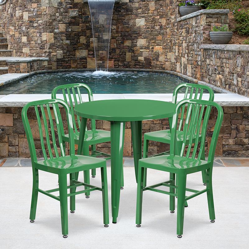 Flash Furniture 30” Round Green Metal Indoor-Outdoor Table Set with 4 Vertical Slat Back Chairs – CH-51090TH-4-18VRT-GN-GG on Sale