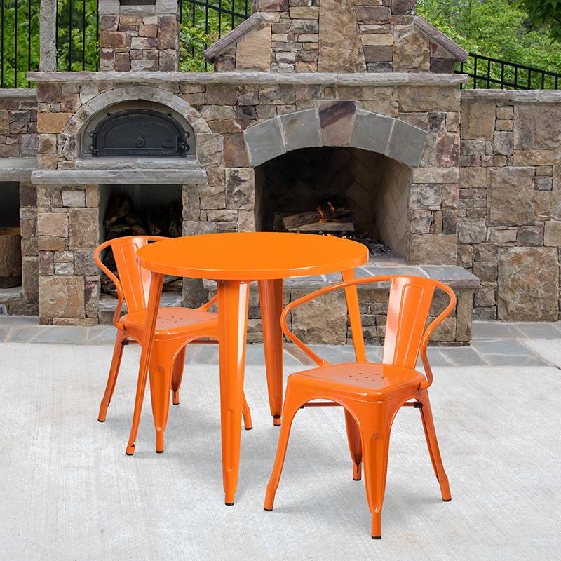 Flash Furniture 30” Round Orange Metal Indoor-Outdoor Table Set with 2 Arm Chairs – CH-51090TH-2-18ARM-OR-GG Fashion