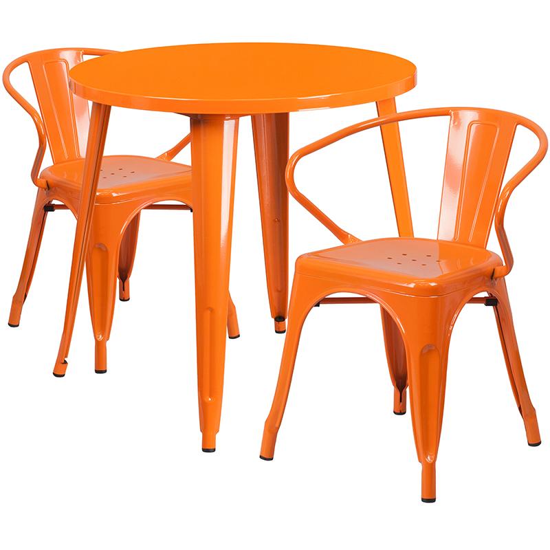 Flash Furniture 30” Round Orange Metal Indoor-Outdoor Table Set with 2 Arm Chairs – CH-51090TH-2-18ARM-OR-GG Fashion