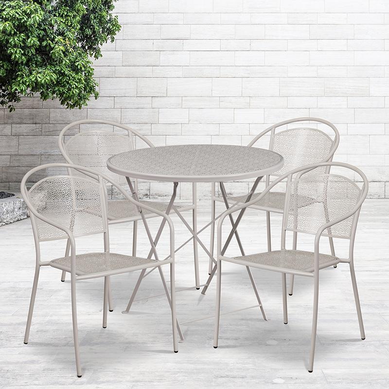 Flash Furniture 30” Round Light Gray Indoor-Outdoor Steel Folding Patio Table Set with 4 Round Back Chairs – CO-30RDF-03CHR4-SIL-GG Online now
