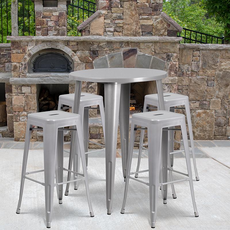 Flash Furniture 30” Round Silver Metal Indoor-Outdoor Bar Table Set with 4 Square Seat Backless Stools – CH-51090BH-4-30SQST-SIL-GG Supply