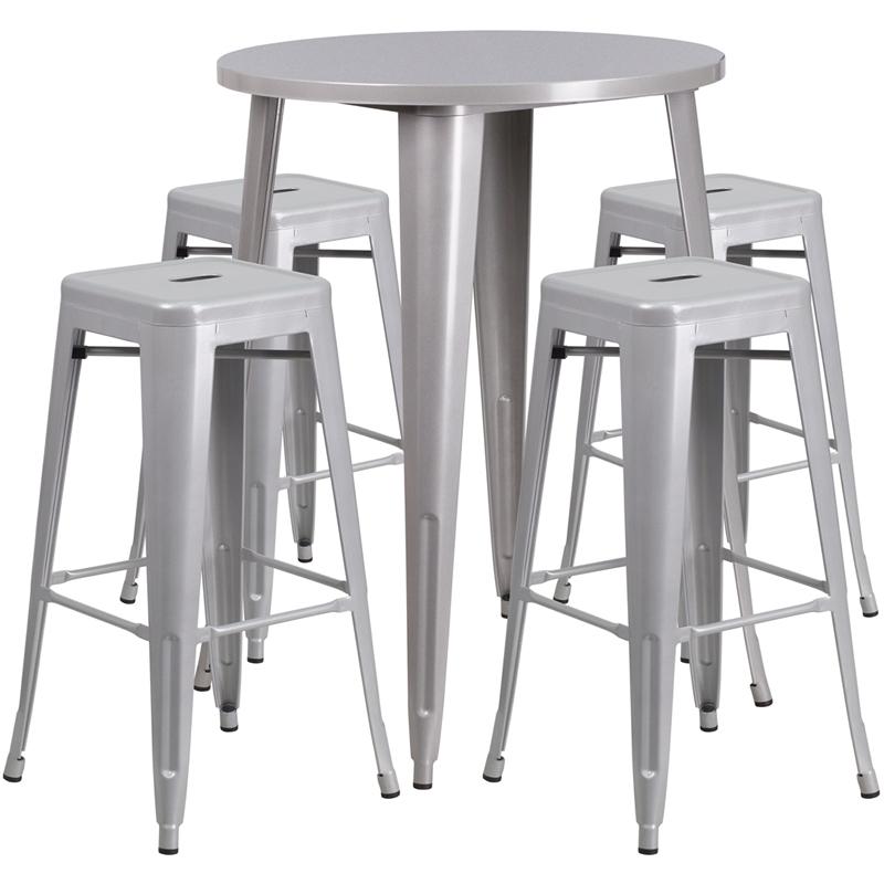 Flash Furniture 30” Round Silver Metal Indoor-Outdoor Bar Table Set with 4 Square Seat Backless Stools – CH-51090BH-4-30SQST-SIL-GG Supply