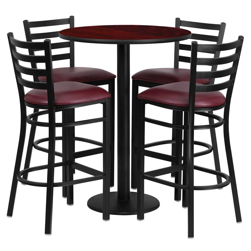 Flash Furniture 30” Round Mahogany Laminate Table Set with Round Base and 4 Ladder Back Metal Barstools – Burgundy Vinyl Seat – RSRB1026-GG on Sale
