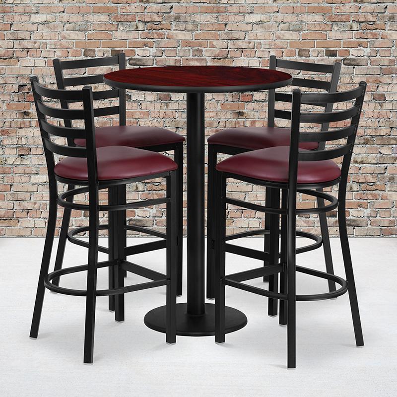 Flash Furniture 30” Round Mahogany Laminate Table Set with Round Base and 4 Ladder Back Metal Barstools – Burgundy Vinyl Seat – RSRB1026-GG on Sale