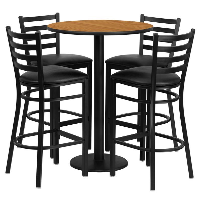 Flash Furniture 30” Round Natural Laminate Table Set with Round Base and 4 Ladder Back Metal Barstools – Black Vinyl Seat – RSRB1023-GG Sale