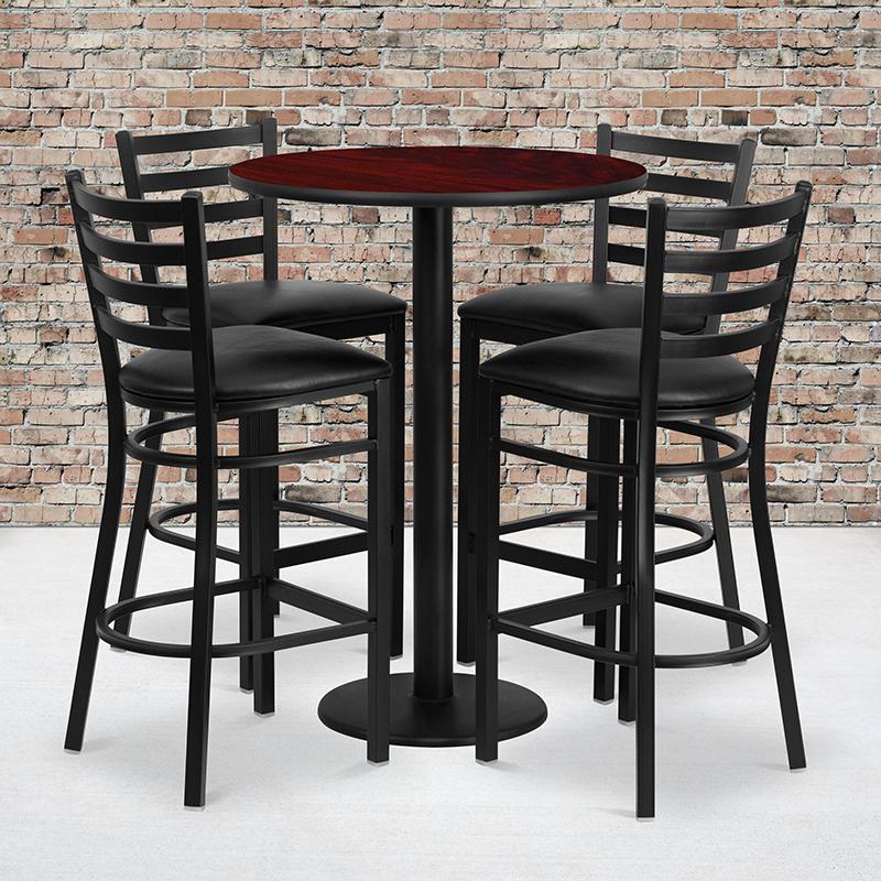 Flash Furniture 30” Round Mahogany Laminate Table Set with Round Base and 4 Ladder Back Metal Barstools – Black Vinyl Seat – RSRB1022-GG Online Sale