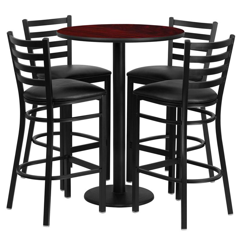 Flash Furniture 30” Round Mahogany Laminate Table Set with Round Base and 4 Ladder Back Metal Barstools – Black Vinyl Seat – RSRB1022-GG Online Sale