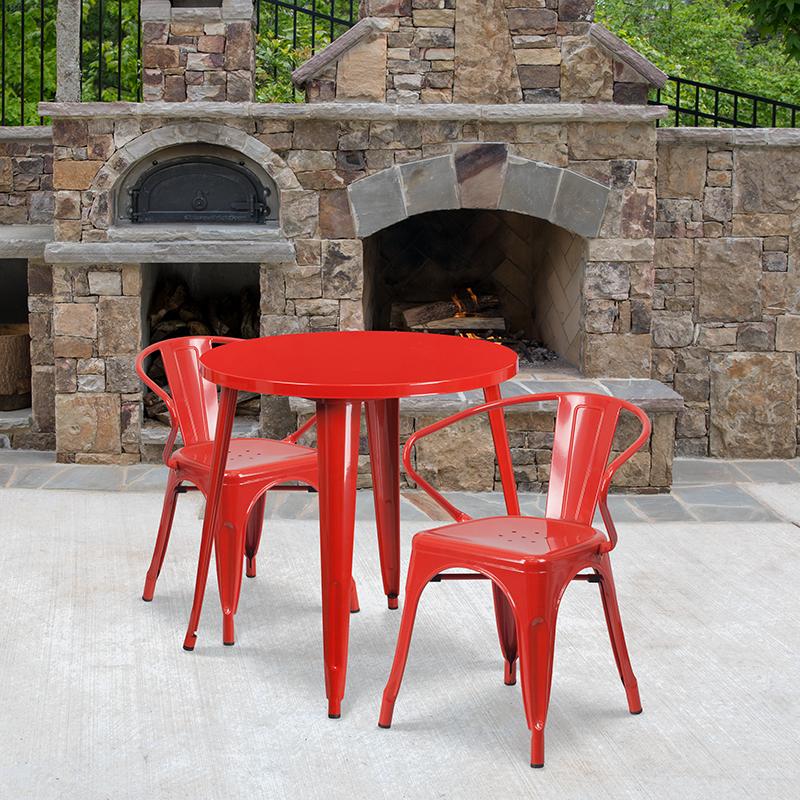 Flash Furniture 30” Round Red Metal Indoor-Outdoor Table Set with 2 Arm Chairs – CH-51090TH-2-18ARM-RED-GG Online Sale