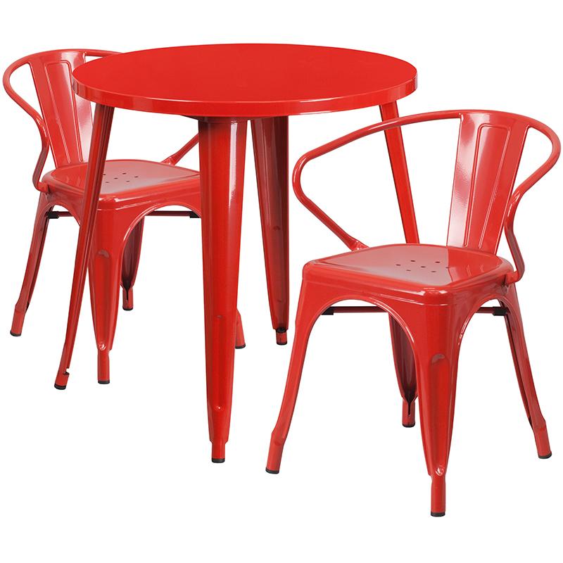 Flash Furniture 30” Round Red Metal Indoor-Outdoor Table Set with 2 Arm Chairs – CH-51090TH-2-18ARM-RED-GG Online Sale