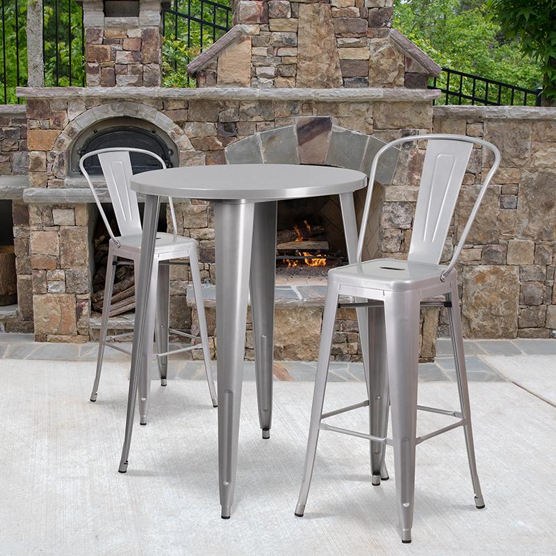 Flash Furniture 30” Round Silver Metal Indoor-Outdoor Bar Table Set with 2 Cafe Stools – CH-51090BH-2-30CAFE-SIL-GG Online