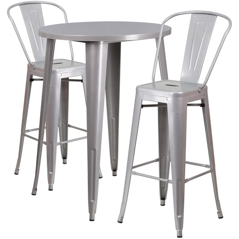 Flash Furniture 30” Round Silver Metal Indoor-Outdoor Bar Table Set with 2 Cafe Stools – CH-51090BH-2-30CAFE-SIL-GG Online