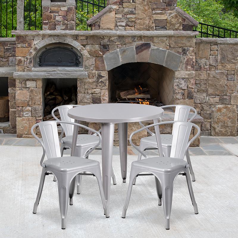 Flash Furniture 30” Round Silver Metal Indoor-Outdoor Table Set with 4 Arm Chairs – CH-51090TH-4-18ARM-SIL-GG Online