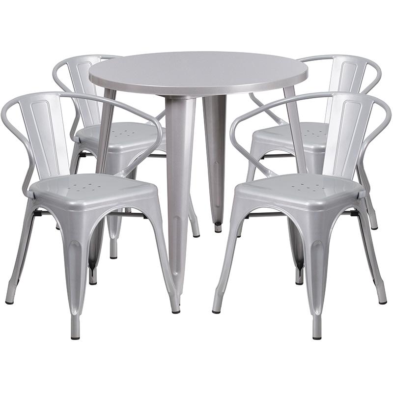 Flash Furniture 30” Round Silver Metal Indoor-Outdoor Table Set with 4 Arm Chairs – CH-51090TH-4-18ARM-SIL-GG Online