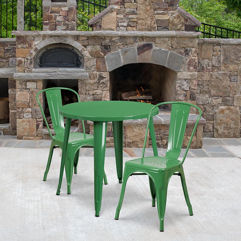 Flash Furniture 30” Round Green Metal Indoor-Outdoor Table Set with 2 Cafe Chairs – CH-51090TH-2-18CAFE-GN-GG Discount