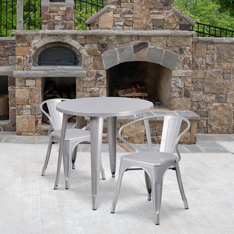 Flash Furniture 30” Round Silver Metal Indoor-Outdoor Table Set with 2 Arm Chairs – CH-51090TH-2-18ARM-SIL-GG Fashion