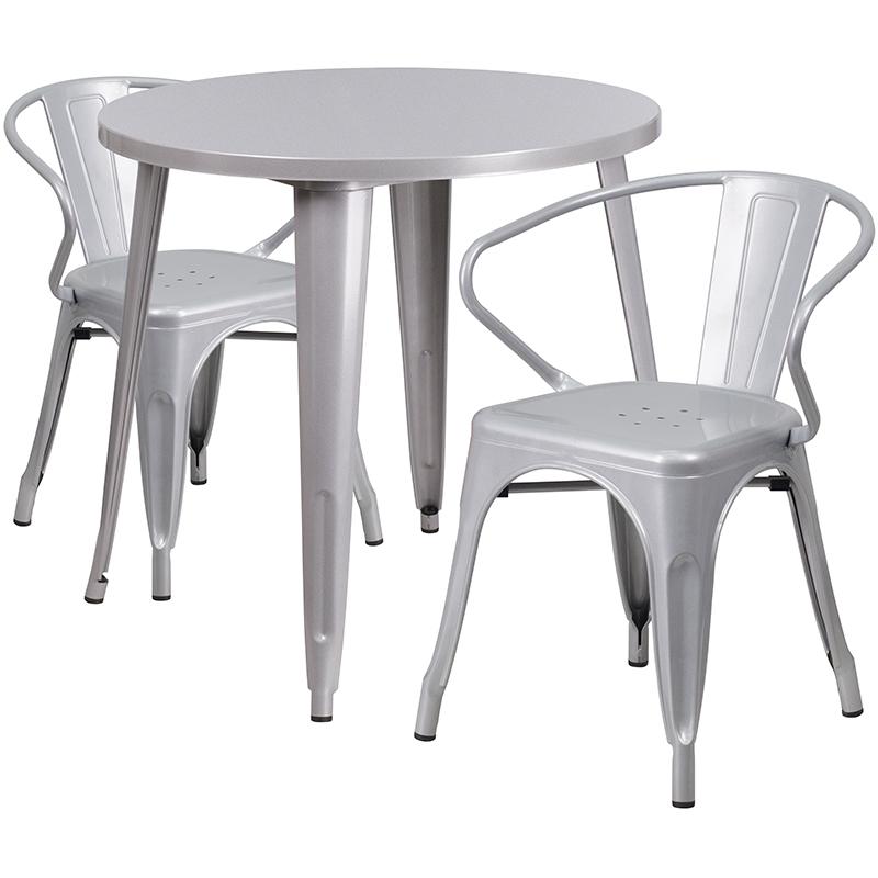 Flash Furniture 30” Round Silver Metal Indoor-Outdoor Table Set with 2 Arm Chairs – CH-51090TH-2-18ARM-SIL-GG Fashion