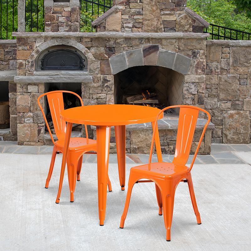 Flash Furniture 30” Round Orange Metal Indoor-Outdoor Table Set with 2 Cafe Chairs – CH-51090TH-2-18CAFE-OR-GG on Sale
