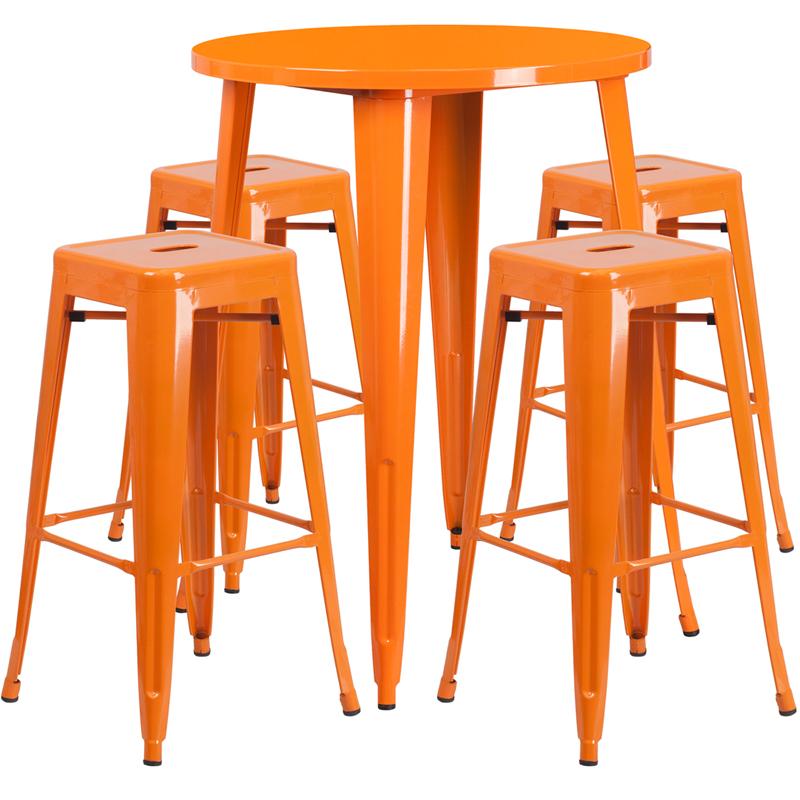 Flash Furniture 30” Round Orange Metal Indoor-Outdoor Bar Table Set with 4 Square Seat Backless Stools – CH-51090BH-4-30SQST-OR-GG Discount