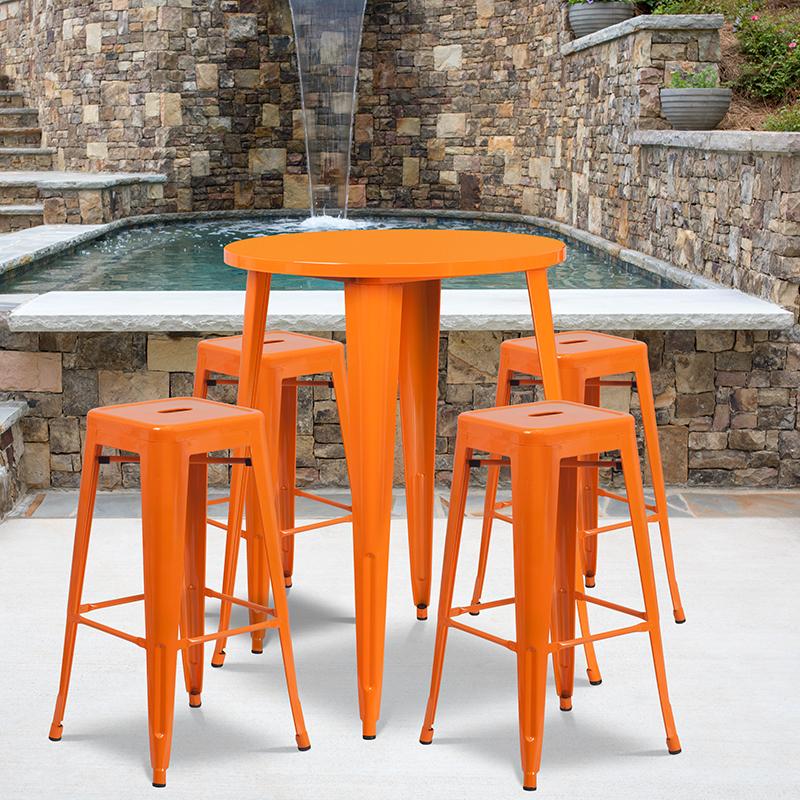 Flash Furniture 30” Round Orange Metal Indoor-Outdoor Bar Table Set with 4 Square Seat Backless Stools – CH-51090BH-4-30SQST-OR-GG Discount