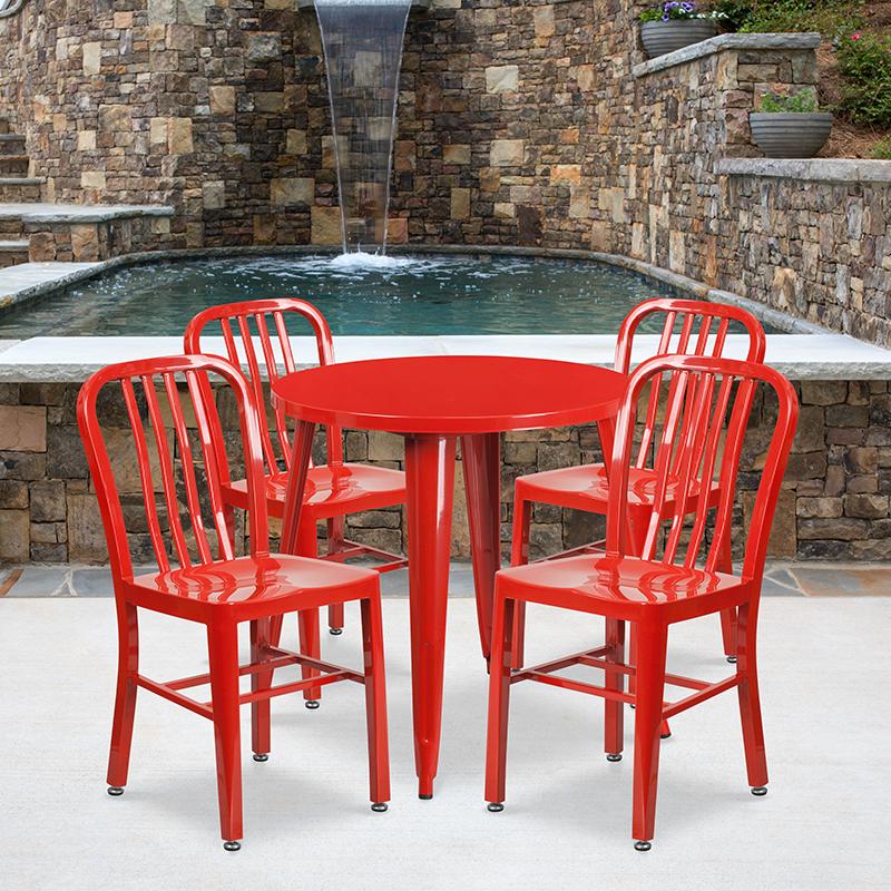 Flash Furniture 30” Round Red Metal Indoor-Outdoor Table Set with 4 Vertical Slat Back Chairs – CH-51090TH-4-18VRT-RED-GG Discount