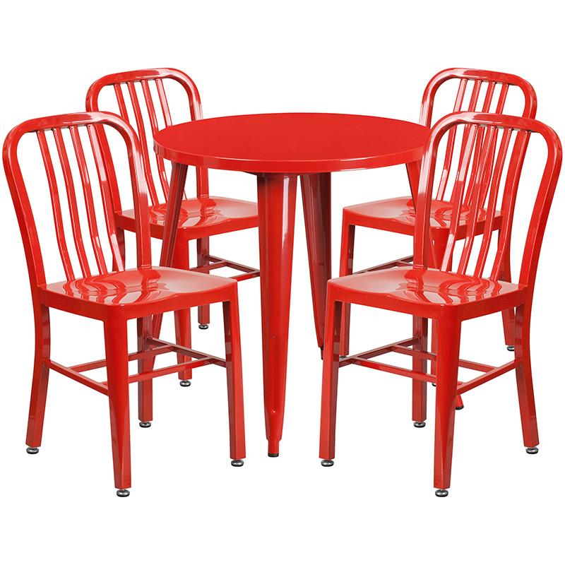 Flash Furniture 30” Round Red Metal Indoor-Outdoor Table Set with 4 Vertical Slat Back Chairs – CH-51090TH-4-18VRT-RED-GG Discount