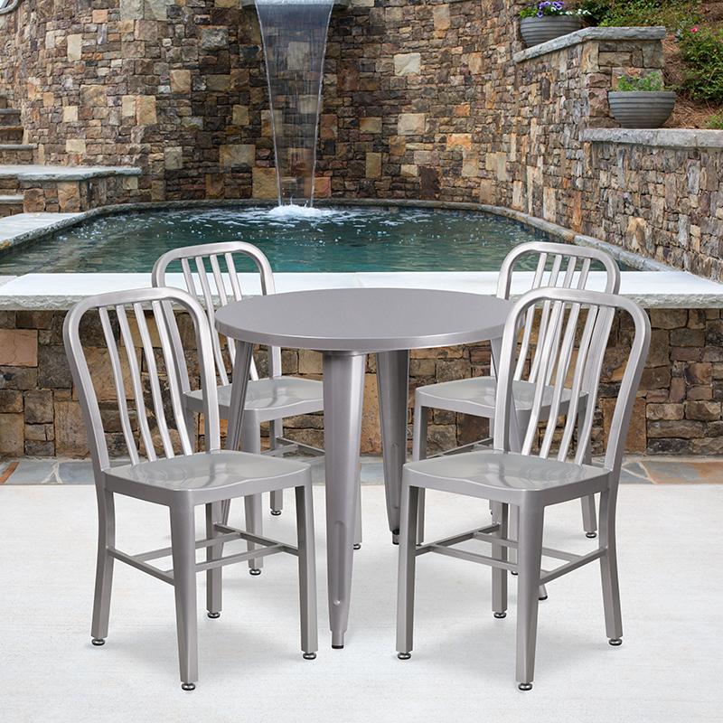 Flash Furniture 30” Round Silver Metal Indoor-Outdoor Table Set with 4 Vertical Slat Back Chairs – CH-51090TH-4-18VRT-SIL-GG Online now