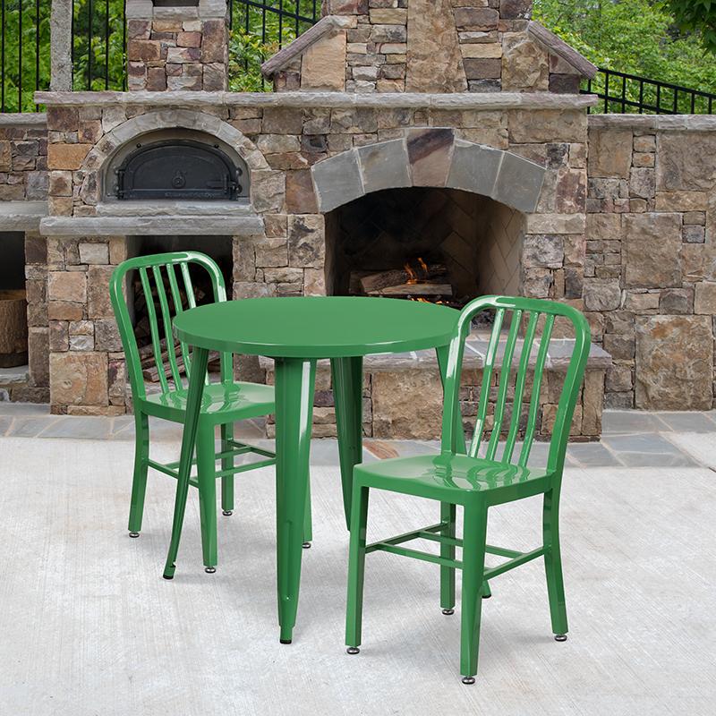 Flash Furniture 30” Round Green Metal Indoor-Outdoor Table Set with 2 Vertical Slat Back Chairs – CH-51090TH-2-18VRT-GN-GG Discount