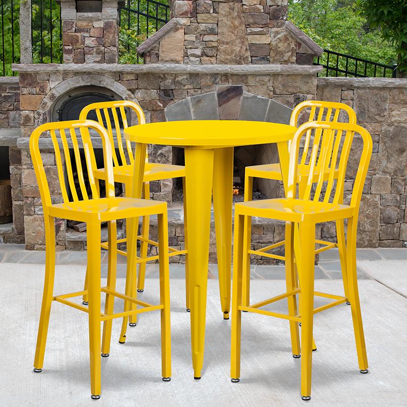 Flash Furniture 30” Round Yellow Metal Indoor-Outdoor Bar Table Set with 4 Vertical Slat Back Stools – CH-51090BH-4-30VRT-YL-GG Sale