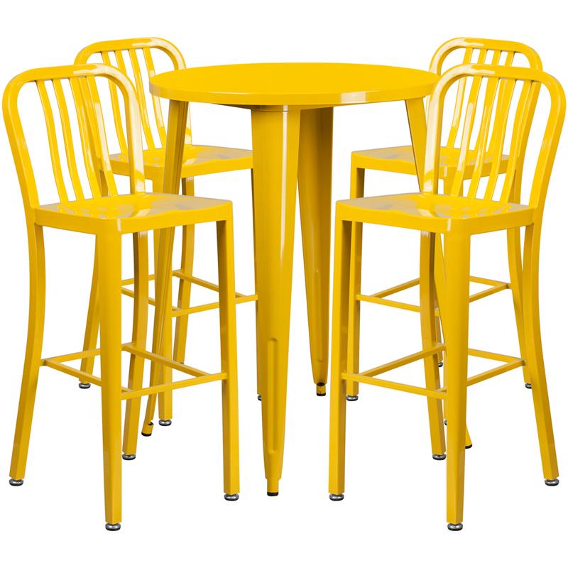 Flash Furniture 30” Round Yellow Metal Indoor-Outdoor Bar Table Set with 4 Vertical Slat Back Stools – CH-51090BH-4-30VRT-YL-GG Sale