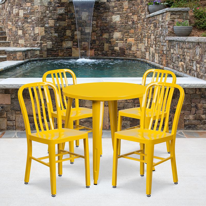 Flash Furniture 30” Round Yellow Metal Indoor-Outdoor Table Set with 4 Vertical Slat Back Chairs – CH-51090TH-4-18VRT-YL-GG Discount