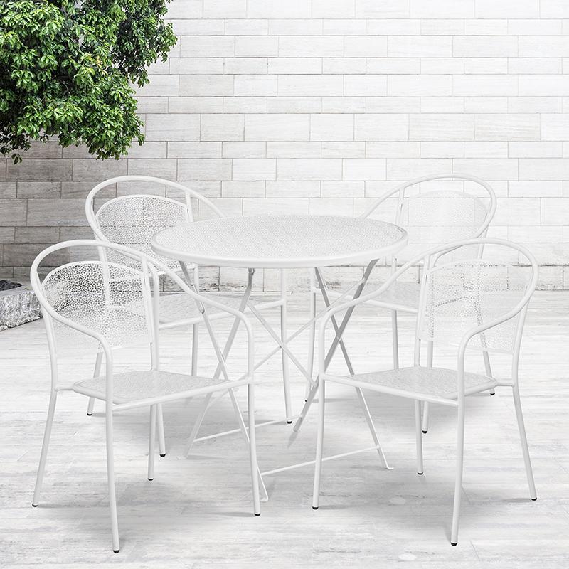Flash Furniture 30” Round White Indoor-Outdoor Steel Folding Patio Table Set with 4 Round Back Chairs – CO-30RDF-03CHR4-WH-GG Supply