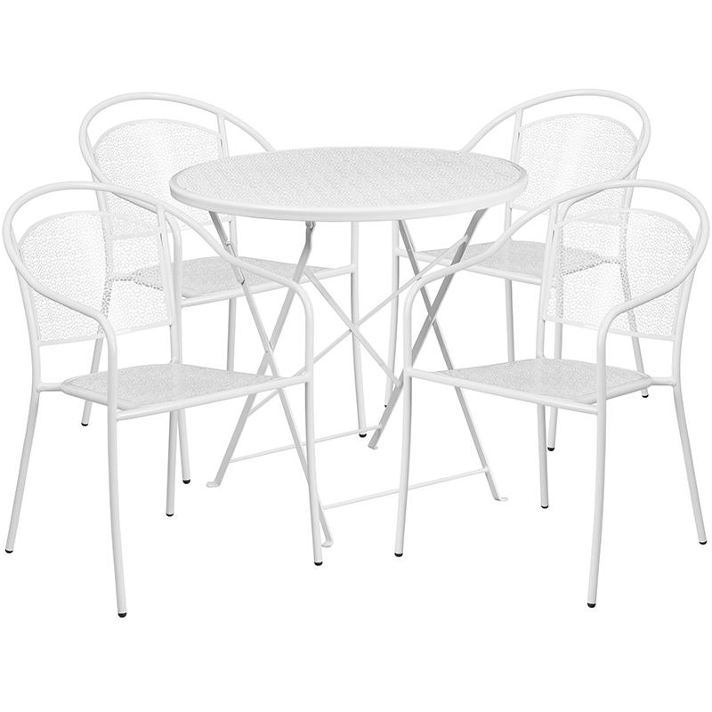Flash Furniture 30” Round White Indoor-Outdoor Steel Folding Patio Table Set with 4 Round Back Chairs – CO-30RDF-03CHR4-WH-GG Supply