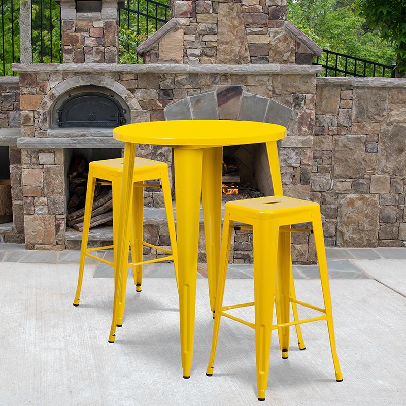 Flash Furniture 30” Round Yellow Metal Indoor-Outdoor Bar Table Set with 2 Square Seat Backless Stools – CH-51090BH-2-30SQST-YL-GG Online now