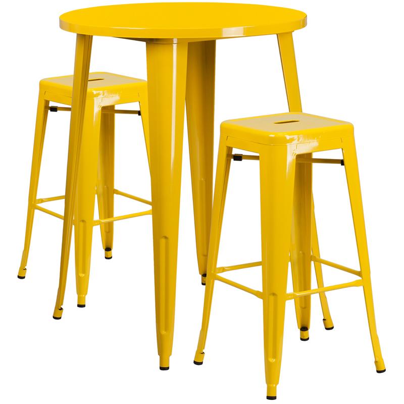 Flash Furniture 30” Round Yellow Metal Indoor-Outdoor Bar Table Set with 2 Square Seat Backless Stools – CH-51090BH-2-30SQST-YL-GG Online now