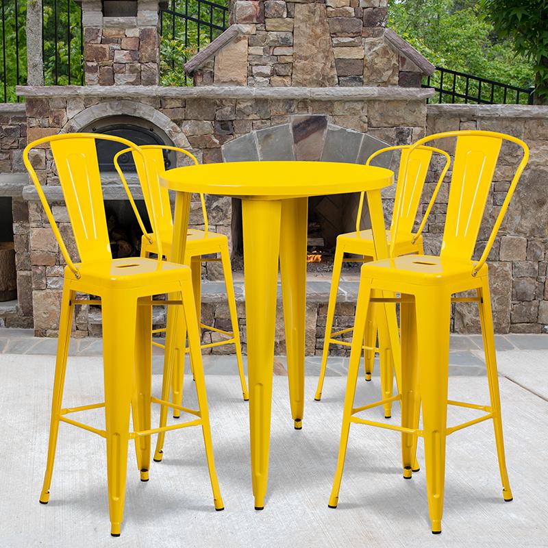 Flash Furniture 30” Round Yellow Metal Indoor-Outdoor Bar Table Set with 4 Cafe Stools – CH-51090BH-4-30CAFE-YL-GG Hot on Sale