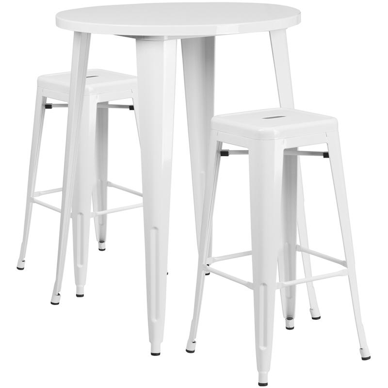 Flash Furniture 30” Round White Metal Indoor-Outdoor Bar Table Set with 2 Square Seat Backless Stools – CH-51090BH-2-30SQST-WH-GG on Sale