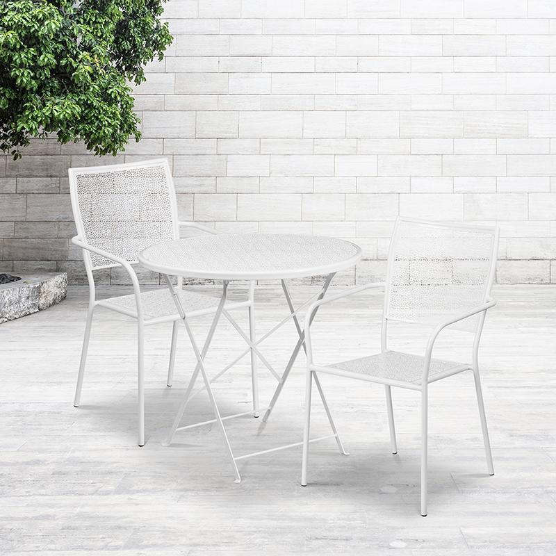 Flash Furniture 30” Round White Indoor-Outdoor Steel Folding Patio Table Set with 2 Square Back Chairs – CO-30RDF-02CHR2-WH-GG Supply