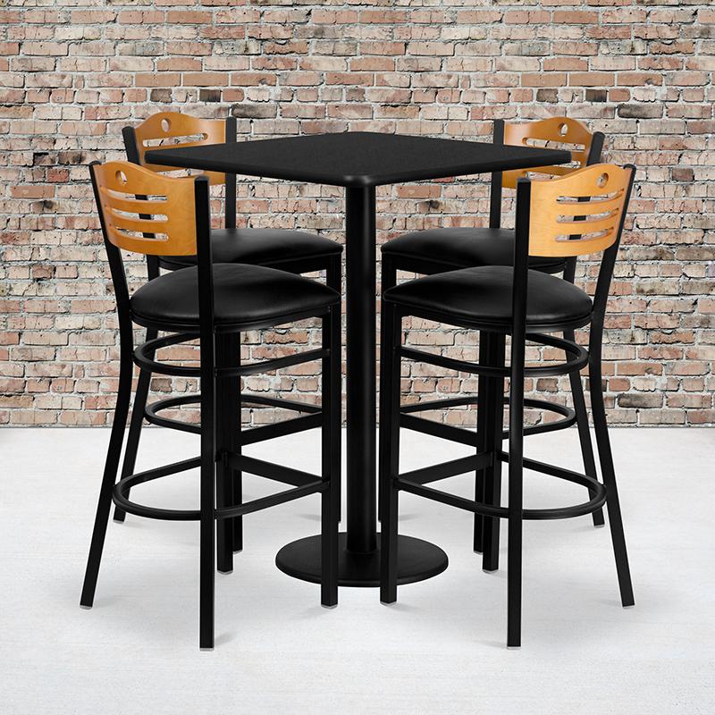 Flash Furniture 30” Square Black Laminate Table Set with 4 Wood Slat Back Metal Barstools – Black Vinyl Seat – MD-0019-GG Online now
